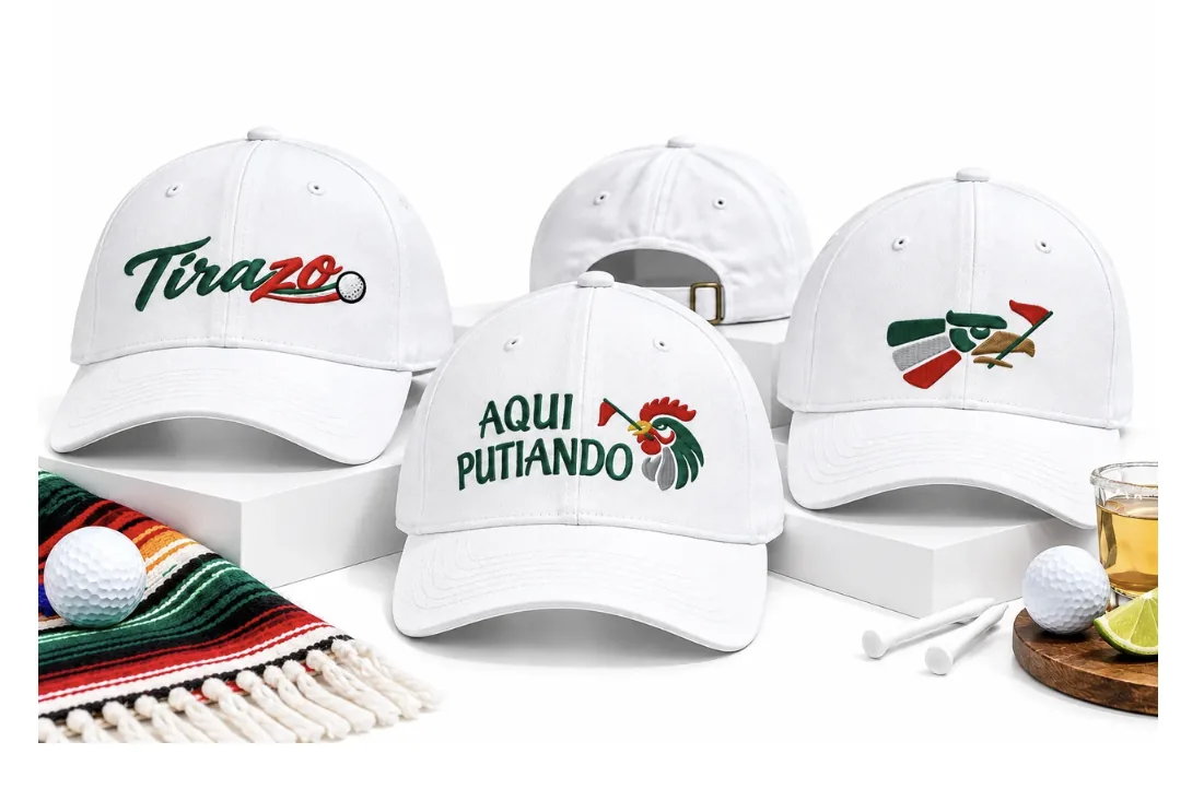 Mexican Golfer Collection hats with a serape, golf balls, and tees