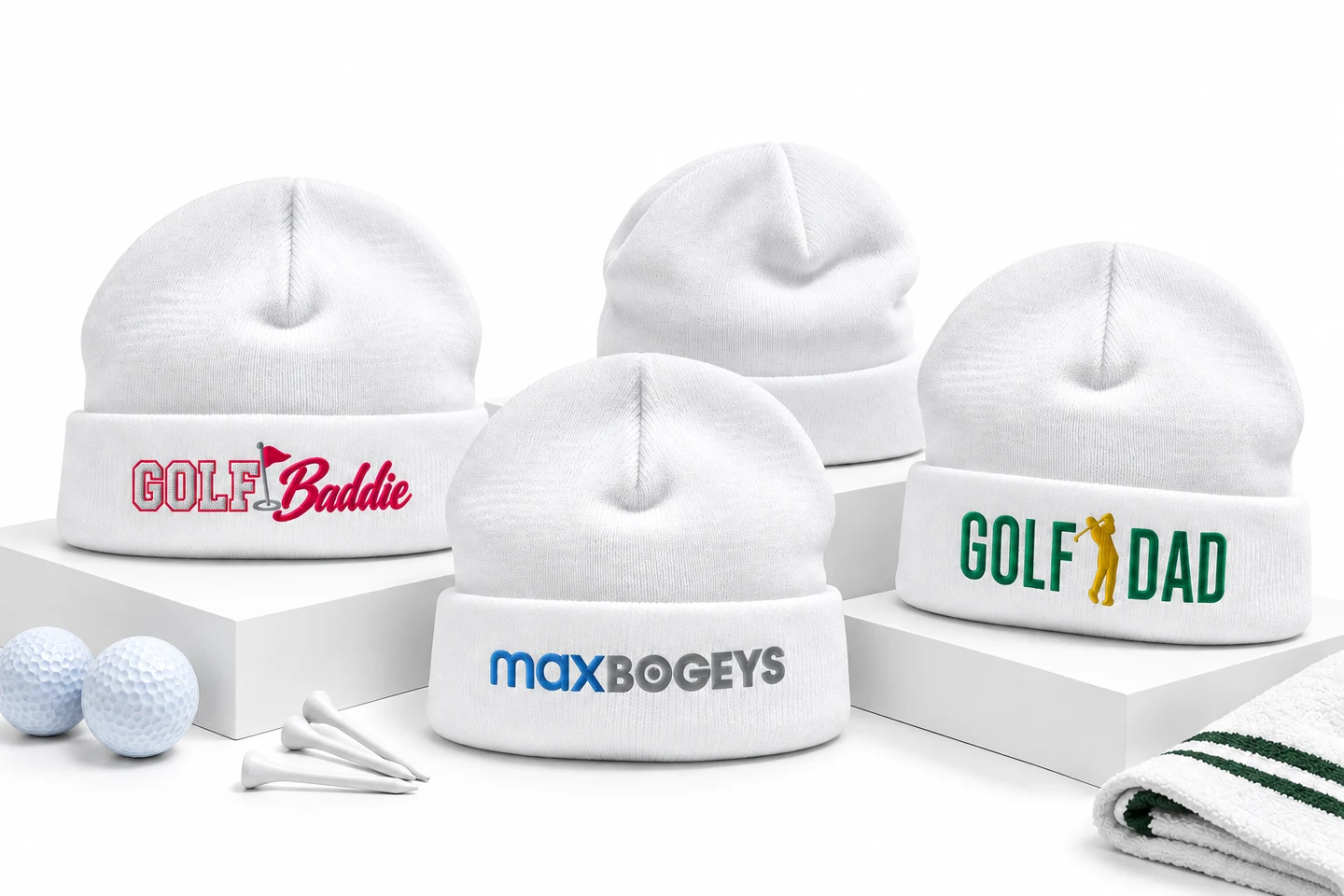 White Golf Baddie, maxBogeys and Golf Dad embroidered beanies