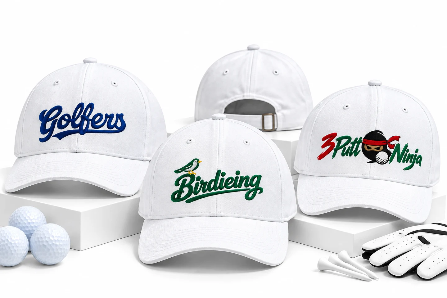 White Golfers, Birdieing and 3 Putt Ninja embroidered golf hats